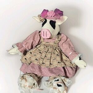 VTG Cottagecore Holstein Cow 1990s Decor Handmade Dress Bloomers Stuffed Craft